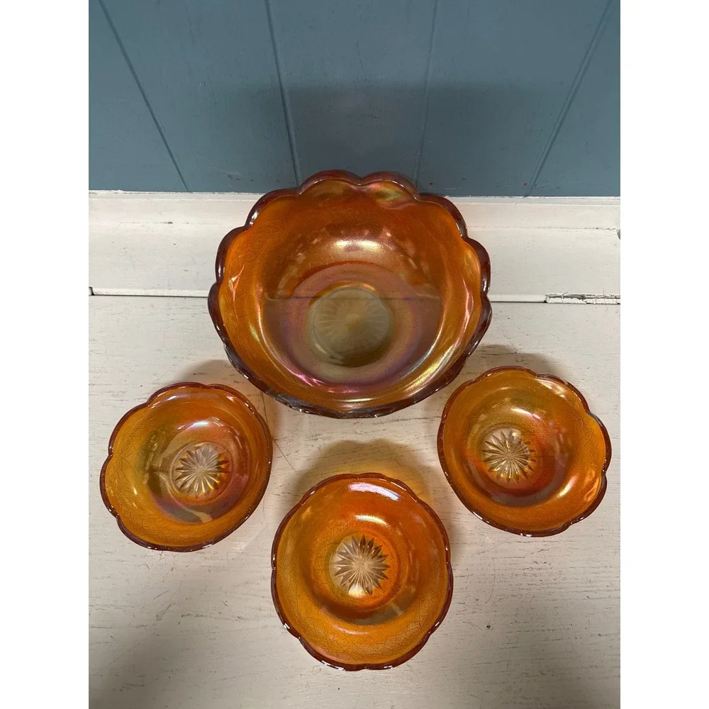 Vintage Amber Iridescent Carnival Glass‎ Footed Bowl Set Dessert Candy Dishes